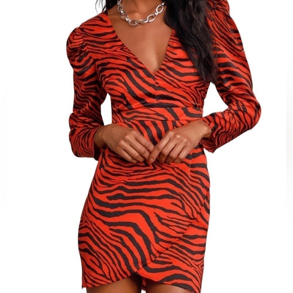 Lulu's Amirah zebra print satin long sleeve mini dress NWT Large - Picture 1 of 7